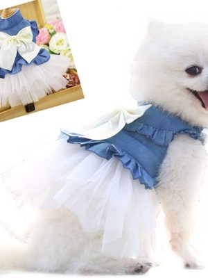 Blue Denim Dog Dresses for Small Dog Girl Spring Summer Puppy Clothes Fancy Dress for Dogs Cat White Lace Pet Tutu Outfit for Birthday Wedding Valentine(Large)