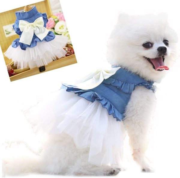 Blue Denim Dog Dresses for Small Dog Girl Spring Summer Puppy Clothes Fancy Dress for Dogs Cat White Lace Pet Tutu Outfit for Birthday Wedding Valentine(Large)