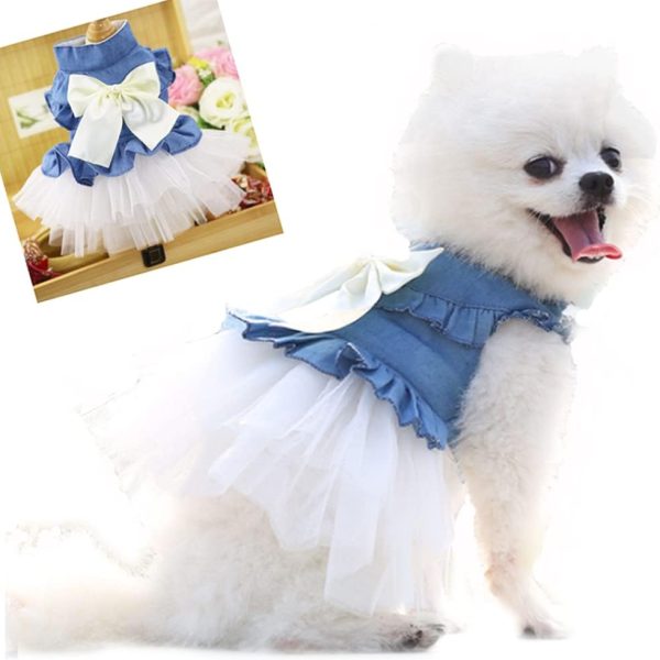 Blue Denim Dog Dresses for Small Dog Girl Spring Summer Puppy Clothes Fancy Dress for Dogs Cat White Lace Pet Tutu Outfit for Birthday Wedding Valentine(Large)