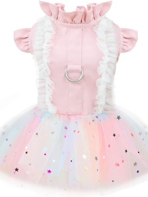 Dog Harness Dress - Pink Cute Rainbow Tutu Princess Summer Puppy Dress for Small Dogs Girl Cat Clothes - Shih Tzu Chihuahua