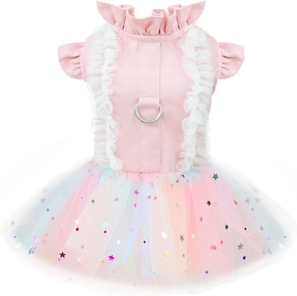 Dog Harness Dress - Pink Cute Rainbow Tutu Princess Summer Puppy Dress for Small Dogs Girl Cat Clothes - Shih Tzu Chihuahua