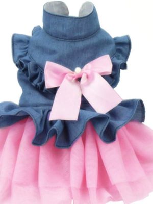 Pet Denim Dress with Cute Bow-Knot Comfy Vest Skirt Lace Trim Tutu Summer Spring Clothes for Cats and Small Dogs (X-Small)
