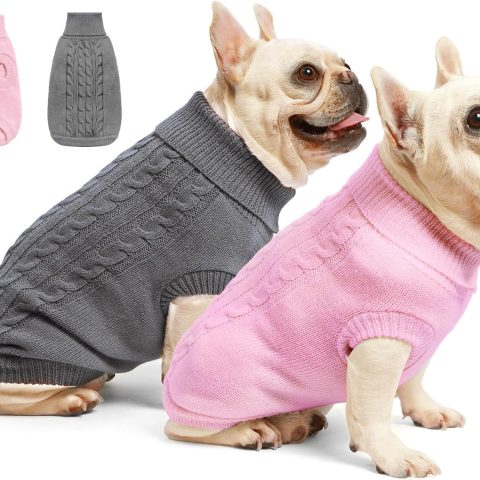 2 Pack Dog Sweaters for Small Dogs - Puppy Medium Warm Clothes in Winter, Turtleneck Pullover Design for Boy Girl Pet, Doggie, Cat, Kitten Chihuahua Bulldog Pug Beagles (M, Grey, Pink)