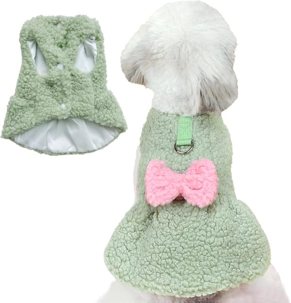 Dog Sweater Dress with Bow Tie Winter Warm Puppy Clothes for Small Dogs D-Ring Leash Pet Clothing Outfits Suéter para Perros (Large, Green)