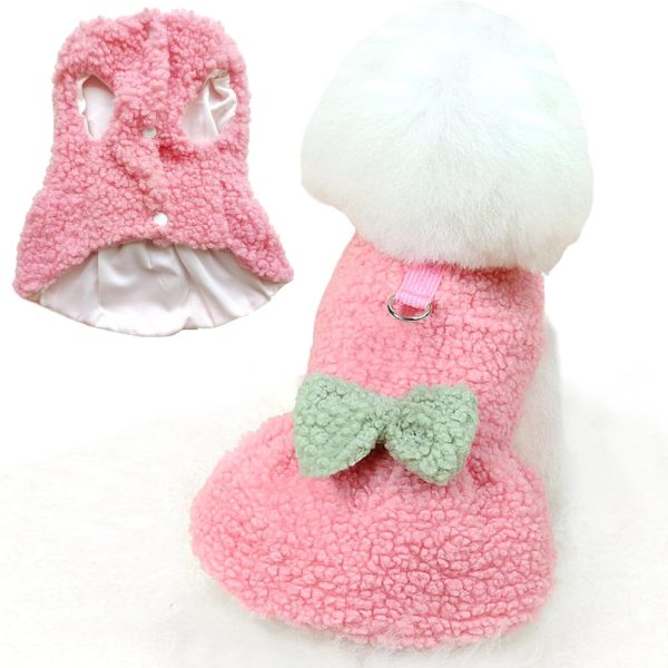 Dog Sweater Dress with Bow Tie Winter Warm Puppy Clothes for Small Dogs D-Ring Leash Pet Clothing Outfits Suéter para Perros (Large, Pink)
