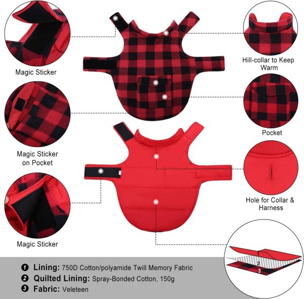 Dog Winter Coat, Fleece Doggie Jacket Plaid Reversible Vest Waterproof Windproof Cold Weather Clothes for Small Medium Large Dogs(Red, M)