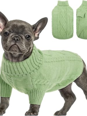 Small Dog Pullover Sweater, Cold Weather Cable Knitwear, Classic Turtleneck Thick Warm Clothes for Chihuahua, Bulldog, Dachshund, Pug, Yorkie (Green, Small)