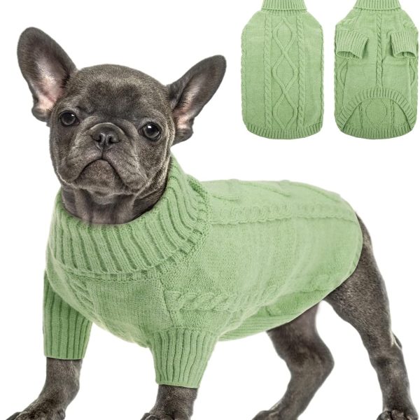 Small Dog Pullover Sweater, Cold Weather Cable Knitwear, Classic Turtleneck Thick Warm Clothes for Chihuahua, Bulldog, Dachshund, Pug, Yorkie (Green, Small)