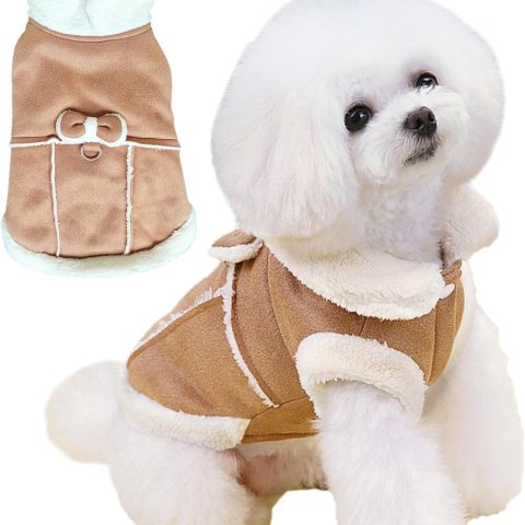 Bowtie Dog Cold Weather Coat Fleece Lining Warm Pet Puppy Turtleneck Dogs Winter Coats for Small Dogs Jacket with D-Ring Leash (X-Small, Khaki)