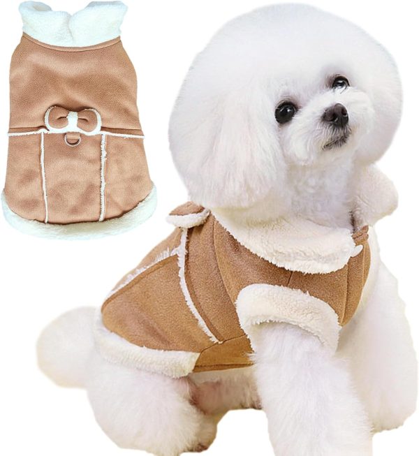 Bowtie Dog Cold Weather Coat Fleece Lining Warm Pet Puppy Turtleneck Dogs Winter Coats for Small Dogs Jacket with D-Ring Leash (X-Small, Khaki)