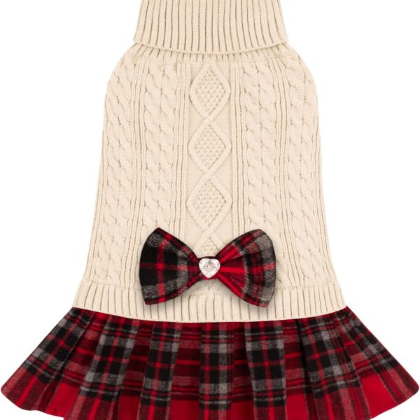 Dog Sweater Knitwear Dog Sweaters for Small Dogs Girl Soft Turtleneck Pet Sweater Dress Thick Dogs Clothes with Bowtie Stretchy Cat Sweaters Warm Pullover Pet Coats for Cold Weather Winter