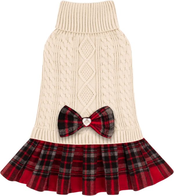 Dog Sweater Knitwear Dog Sweaters for Small Dogs Girl Soft Turtleneck Pet Sweater Dress Thick Dogs Clothes with Bowtie Stretchy Cat Sweaters Warm Pullover Pet Coats for Cold Weather Winter