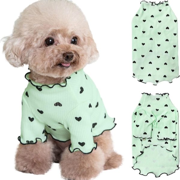Pet Clothes for Small Dogs Cat Summer Fall Heart Print Shirt Stretchable Ruffle Long Sleeve Outfits for Chihuahua Schnauzer Shih Tzu Yorkie (Green, Medium)