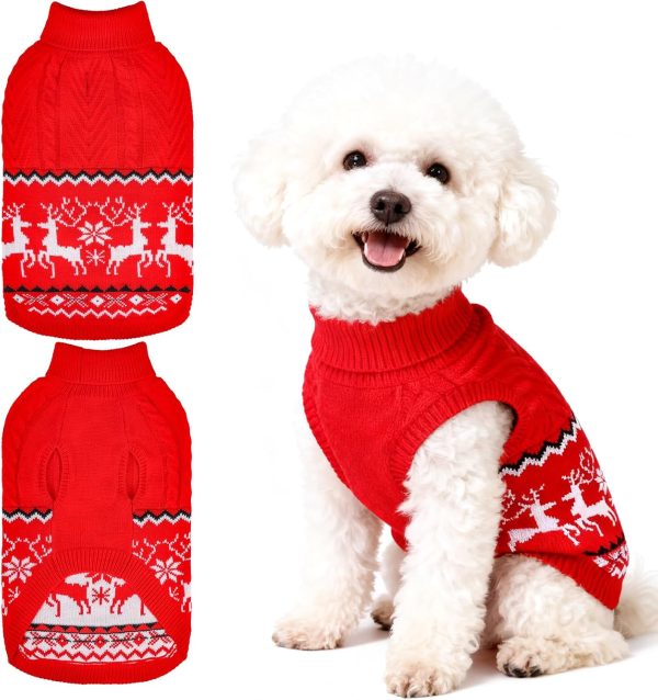 Christmas Dog Sweater for Small Dogs,Classic Reindeer Knitwear Xmas Dog Clothes Holiday Outfit,Soft Warm Winter Pet Puppy Cat Sweaters Coats with Leash Hole Indoor Outdoor Walking(Red,S)