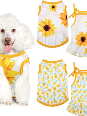 4 Pieces Pet Clothes Set Include 2 Pieces Cute Pet Dress Lovely Dog Dress and 2 Pcs Breathable Dog T Shirt Puppy Clothes(Pineapple, Sunflower,X-Large)