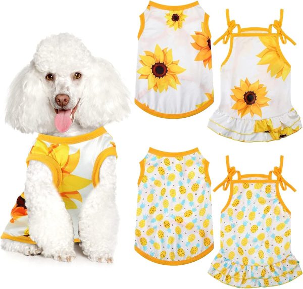 4 Pieces Pet Clothes Set Include 2 Pieces Cute Pet Dress Lovely Dog Dress and 2 Pcs Breathable Dog T Shirt Puppy Clothes(Pineapple, Sunflower,X-Large)