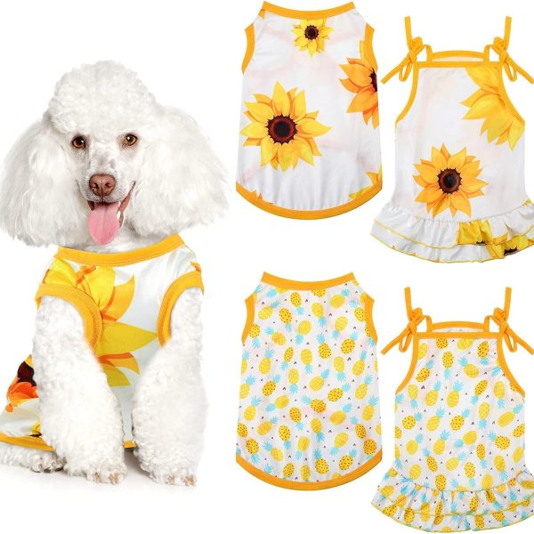4 Pieces Pet Clothes Set Include 2 Pieces Cute Pet Dress Lovely Dog Dress and 2 Pcs Breathable Dog T Shirt Puppy Clothes(Pineapple, Sunflower,X-Large)