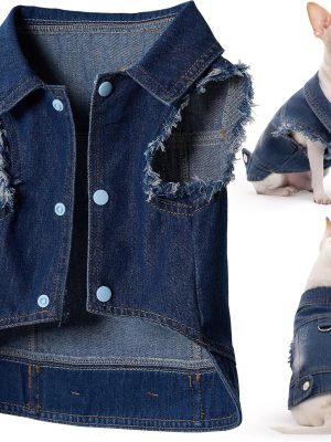 Pet Denim Jacket for Dogs with Leash Ring, Fringed Sleeves, Blue Jean Coat, Dog Collar Vest, Classic Design, Vintage Washed, Suitable for Small to Large Dogs (XX-Large)