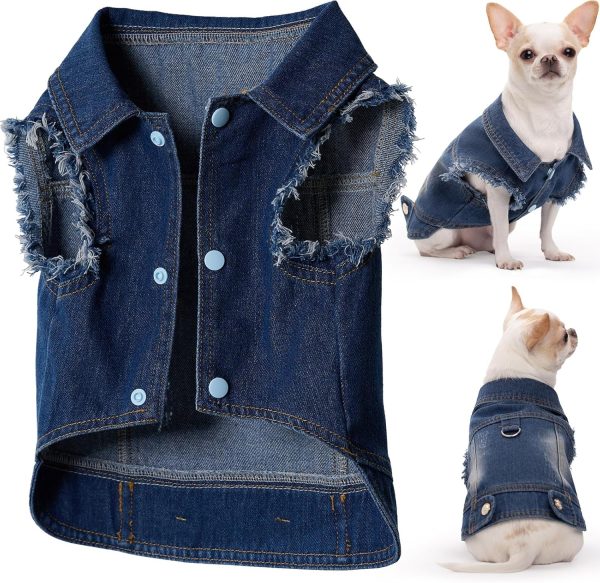 Pet Denim Jacket for Dogs with Leash Ring, Fringed Sleeves, Blue Jean Coat, Dog Collar Vest, Classic Design, Vintage Washed, Suitable for Small to Large Dogs (XX-Large)