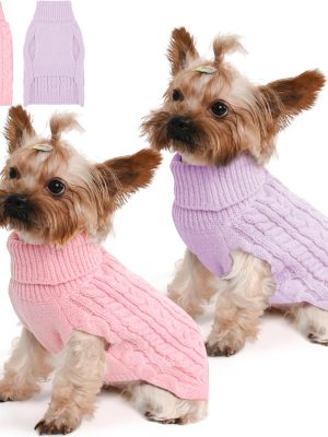 2 Pack Dog Sweaters for Small Dogs Winter Turtleneck Pullover Cable Knit Fleece Stretch Puppy Doggie Chihuahua Toy Poodle Yorkie Pomeranian Boy Girl Pet Clothes (S, Pink & Purple)