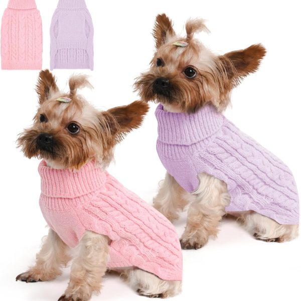 2 Pack Dog Sweaters for Small Dogs Winter Turtleneck Pullover Cable Knit Fleece Stretch Puppy Doggie Chihuahua Toy Poodle Yorkie Pomeranian Boy Girl Pet Clothes (S, Pink & Purple)