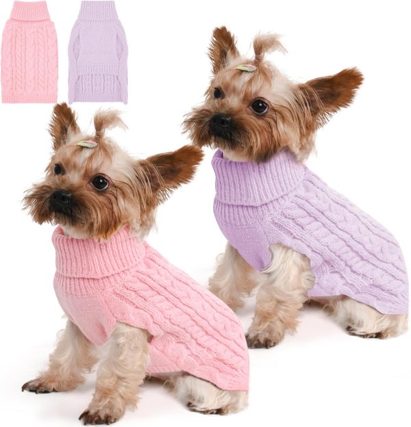 2 Pack Dog Sweaters for Small Dogs Winter Turtleneck Pullover Cable Knit Fleece Stretch Puppy Doggie Chihuahua Toy Poodle Yorkie Pomeranian Boy Girl Pet Clothes (S, Pink & Purple)