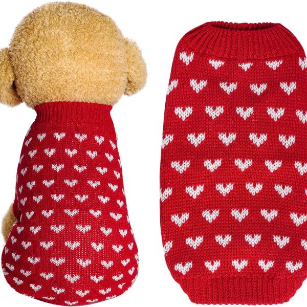 Dog Knitted Sweater Dog Heart Sweater Puppy Sweater Warm Soft Pet Holiday Clothes for Small Cats and Dogs (Red, S)