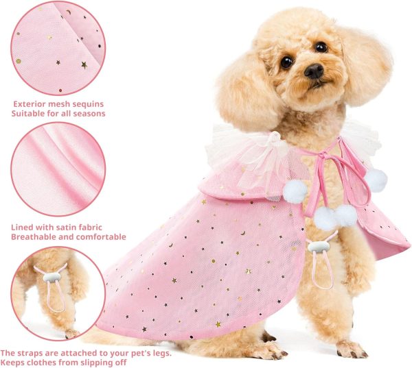 Pet Wedding Costume for Cat Small Dogs, Sparkly Cat Clothes Tulle Cloak for Puppy Kitten, Halloween Dog Outfit Suit for Party Holiday Christmas, Pink