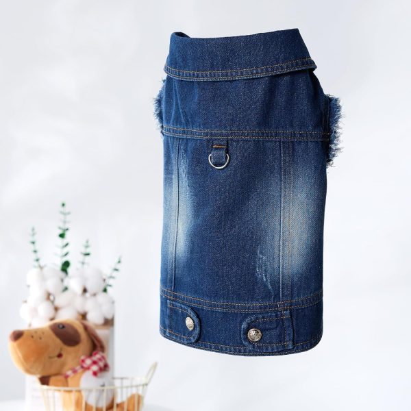 Pet Denim Jacket for Dogs with Leash Ring, Fringed Sleeves, Blue Jean Coat, Dog Collar Vest, Classic Design, Vintage Washed, Suitable for Small to Large Dogs (XX-Large)