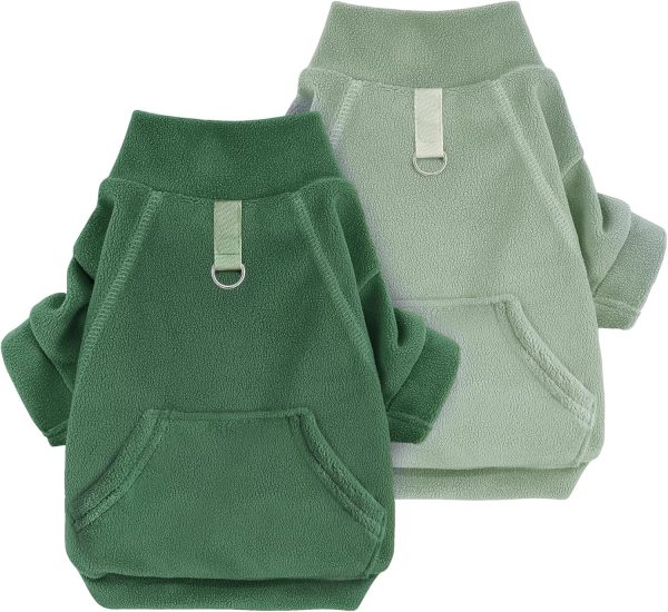 Fleece Dog Sweater 2 Pack, Winter Dog Clothes Turtleneck Dog Sweatshirt Pet Clothing Stretchy Small Dog Coat Cat Apparel with Leash Ring,Green,Dark Green,X-Large