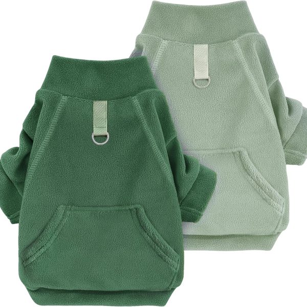 Fleece Dog Sweater 2 Pack, Winter Dog Clothes Turtleneck Dog Sweatshirt Pet Clothing Stretchy Small Dog Coat Cat Apparel with Leash Ring,Green,Dark Green,X-Large