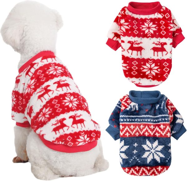 Dog Sweater, 2 Pack Dog Sweaters for Small Dogs, Dog Clothes for Small Dogs Girl Boy, Ultra Soft and Warm Puppy Sweater Dog Coat for Winter Christmas (XX-Small, Xmas Red+Xmas Blue)