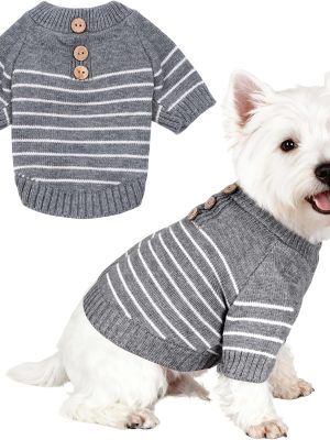 Dog Knitted Sweater with Wooden Buttons Cozy Pet Striped Winter Clothes for Chihuahuas Small Dogs Cats Boy Girl,Grey,L