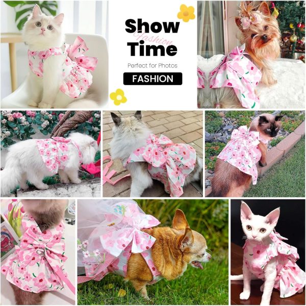 Cute Dog Dress Small Dog Clothes for Girls Female Puppy Outfits Pink Floral Pet Summer Clothes Bowknot Doggy Cat Princess Dress Harness Set for Holiday Birthday Party Costume Clothing (Pink,S)
