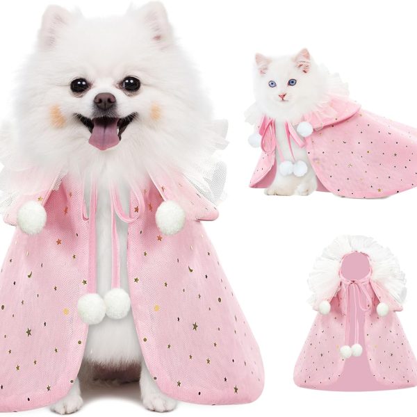 Pet Wedding Costume for Cat Small Dogs, Sparkly Cat Clothes Tulle Cloak for Puppy Kitten, Halloween Dog Outfit Suit for Party Holiday Christmas, Pink
