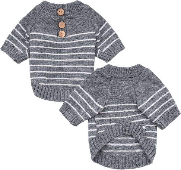Dog Knitted Sweater with Wooden Buttons Cozy Pet Striped Winter Clothes for Chihuahuas Small Dogs Cats Boy Girl,Grey,L